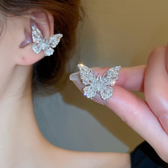 SmartBy 1 Pc Women Butterfly Ear Cuff Rhinestone Butterfly Clip-On Earring No Piercing Ear Wrap Jewelry Gift for Her Birthdays Parties Weddings