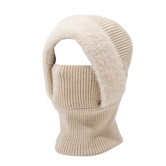 Unisex Winter Balaclava Hat, Fleece Lined Thermal Knit 3-in-1 Integrated Face Mask Neck Warmer, One Piece Hood for Skiing Hiking and Extreme Cold Weather - Beige