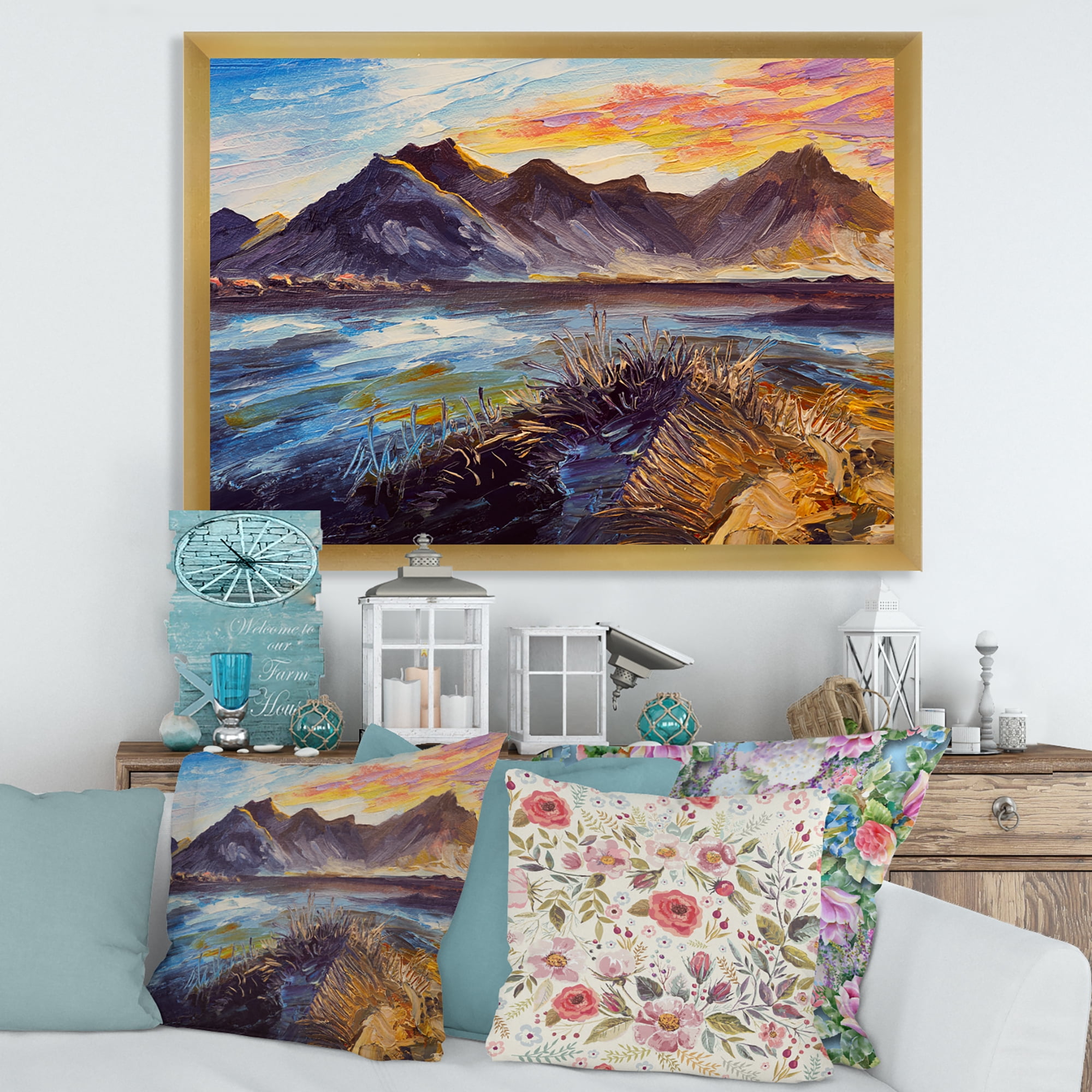Designart 'Impression Pink Sunset Over The Mountains By The Sea' Nautical & Coastal Framed Art Print