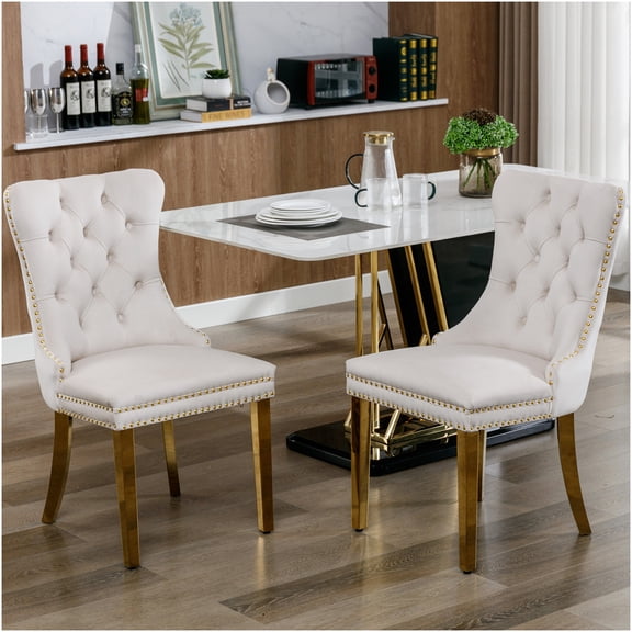Modern Velvet Upholstered Dining Chairs with Gold Legs, Set of 2 Tufted Accent Chairs with Nailhead Trim for Kitchen and Dining Room, Beige