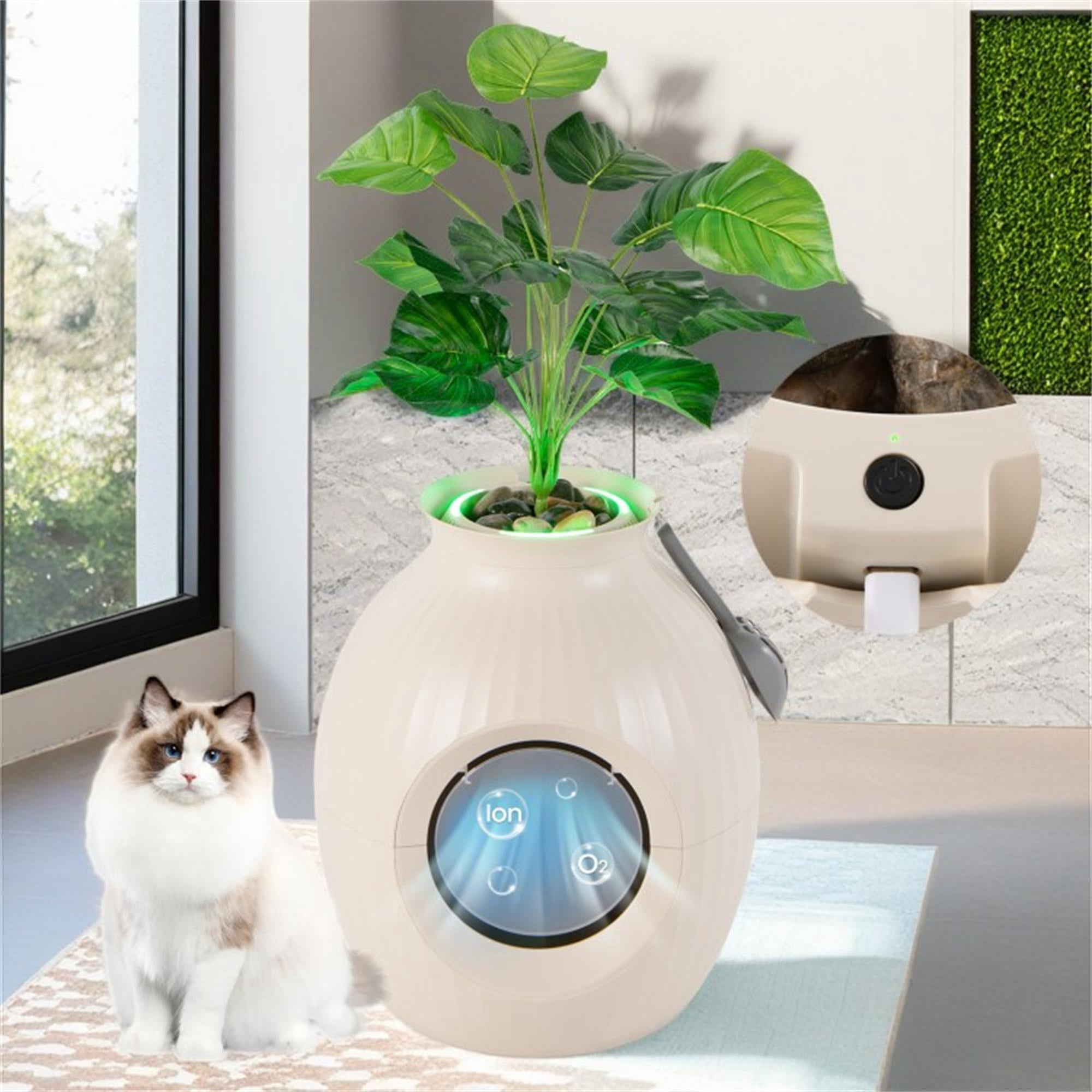 Pefilos 70L Smart Plant Cat Litter Box Furniture, Hidden Cat Litter Box Enclosure with Electronic Odor Removal and Sterilization for Multi Cats, Beige