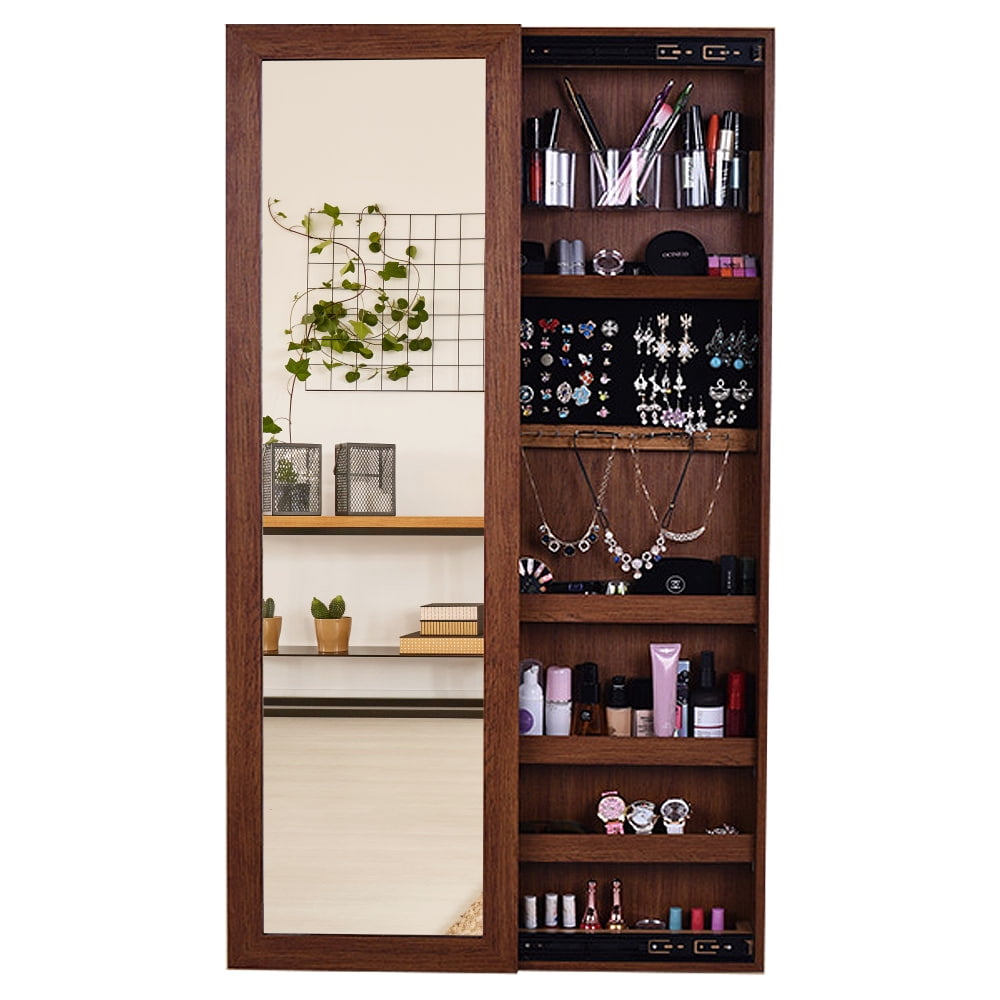 Over-The-Door Mirror, Lockable Jewelry Cabinet Armoire, Brown by Boho