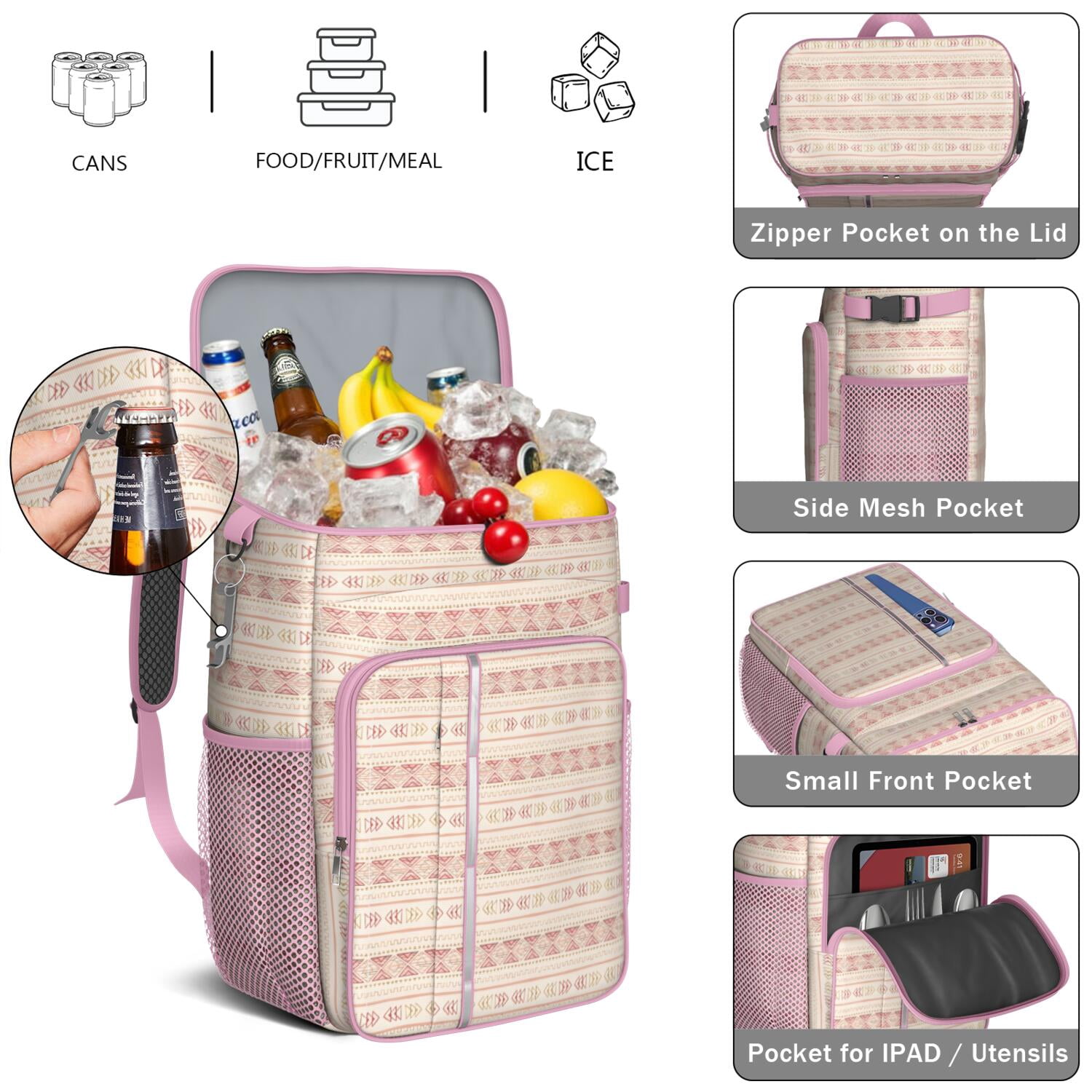 Travel Cooler Bag - Boho Bohemia Pioneer Flower Geometric Line Art Camping Beer Cooler Backpack with Bottle Opener- Waterproof Insulated Picnic Backpacks - Cooler Bag for Beach