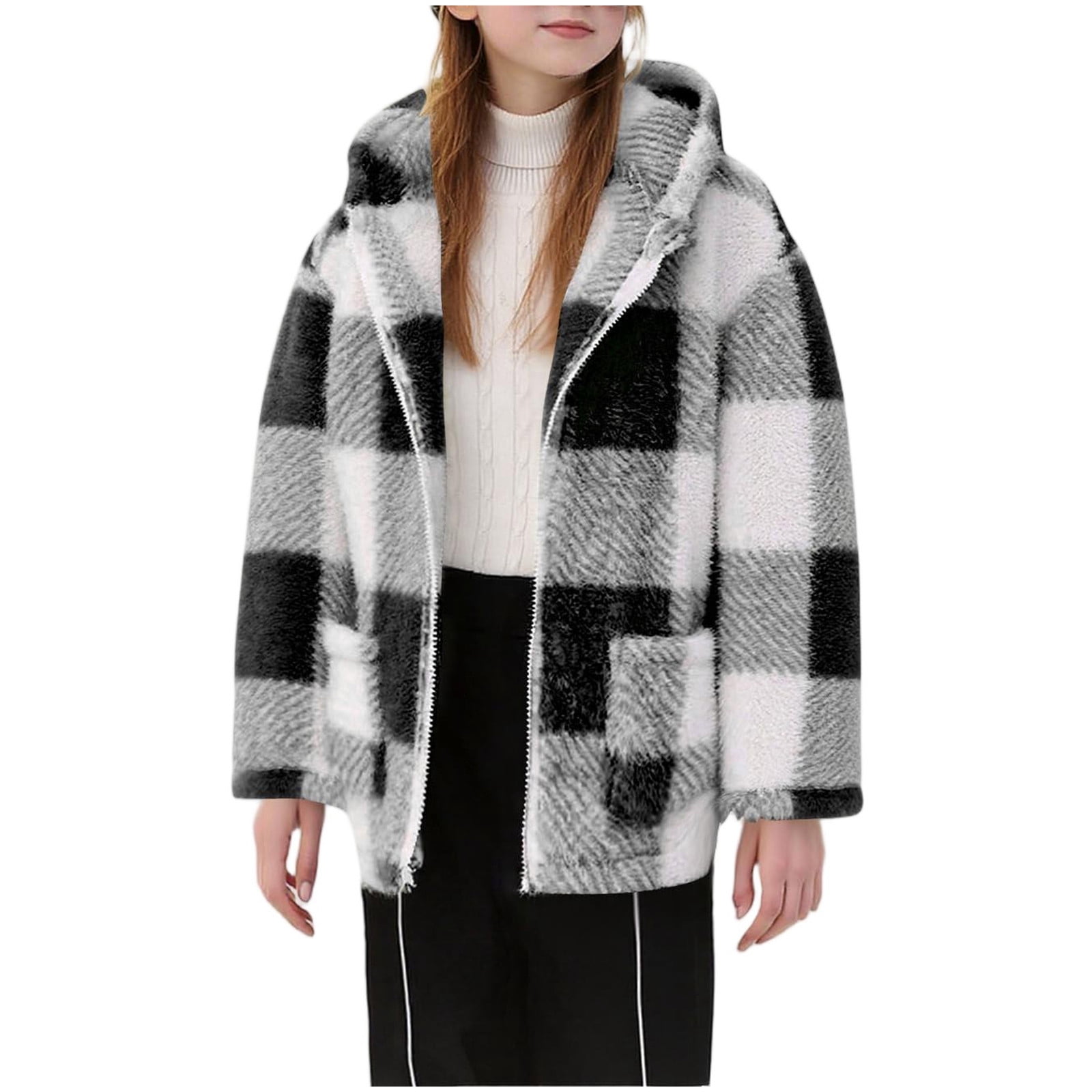 Xdegoge Girls Fleece Sherpa Jacket Plaid Fuzzy Zip Up Long Sleeve Hoodie Teen Thermal Loose Cozy Hooded Coats Tween 2025 Winter Thick Warm Outerwear With Pockets Age 8-14 Years