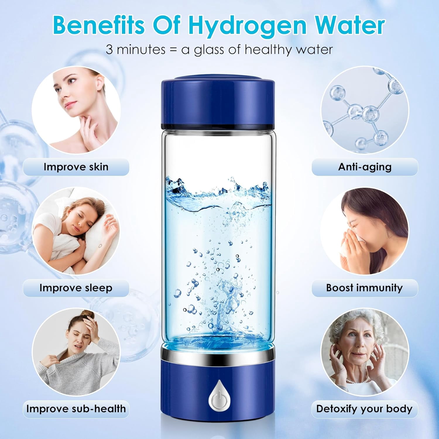 Hydrogen Water Bottle with PEM SPE Technology - 2024 for Men Women - A Portable Rechargeable Hydrogen Water Generator with Gift Box, Hydrogen Water Ionizer Machine for Home Office Travel (Silver)