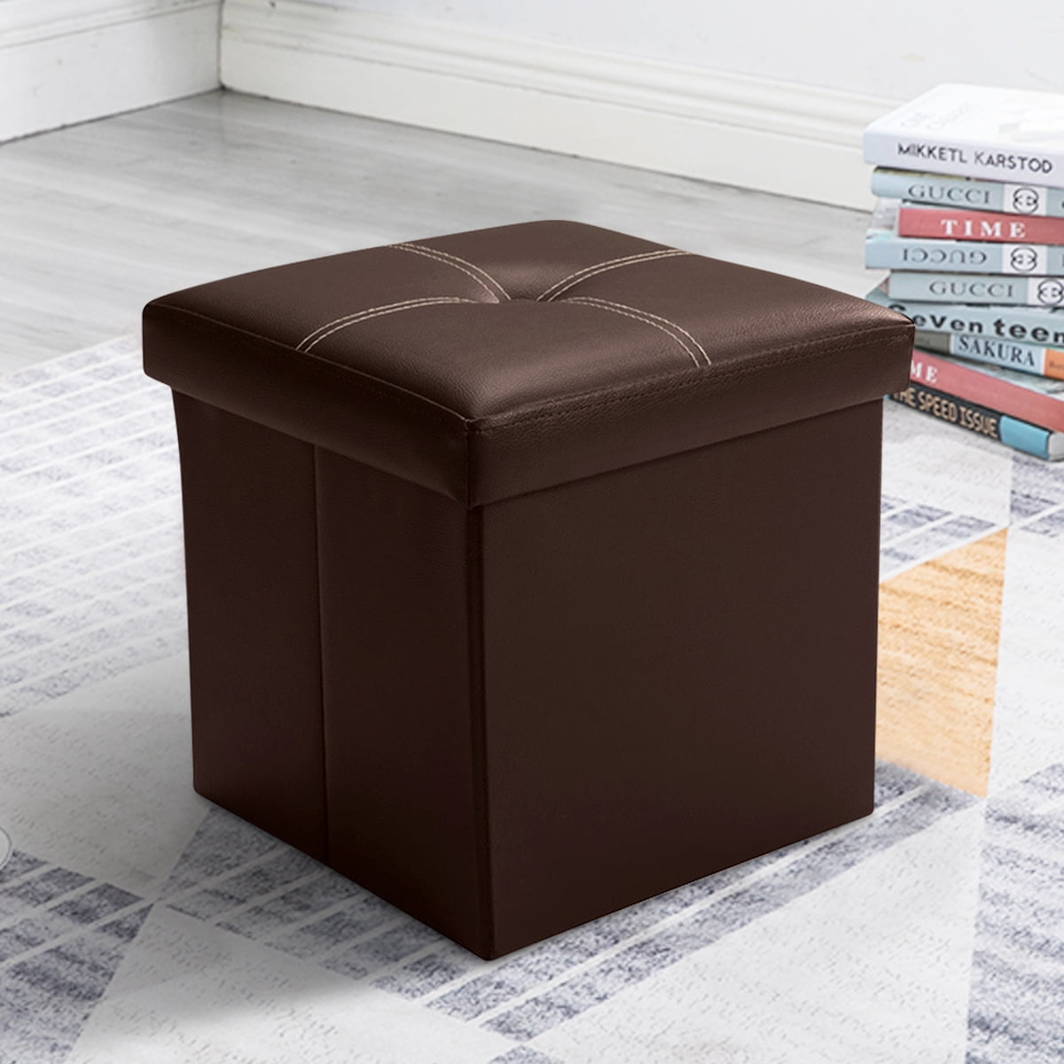 Brown Folding Cuboid Ottoman Bench Pouffe Storage Box Lounge Seat Footstools New 