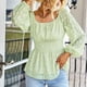 thumbnail image 3 of Camisas de manga larga abullonada para mujer, escote elástico, cintura alta, línea A, dobladillo de múltiples capas, Top elegante verde claro XL, 3 of 7