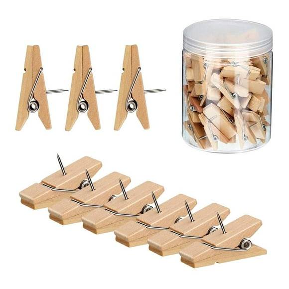 Wood Clips Push Pins Pushpin Thumbtacks Wooden Clips with Pins for Cork Board Photos Craft Projects - 20pcs