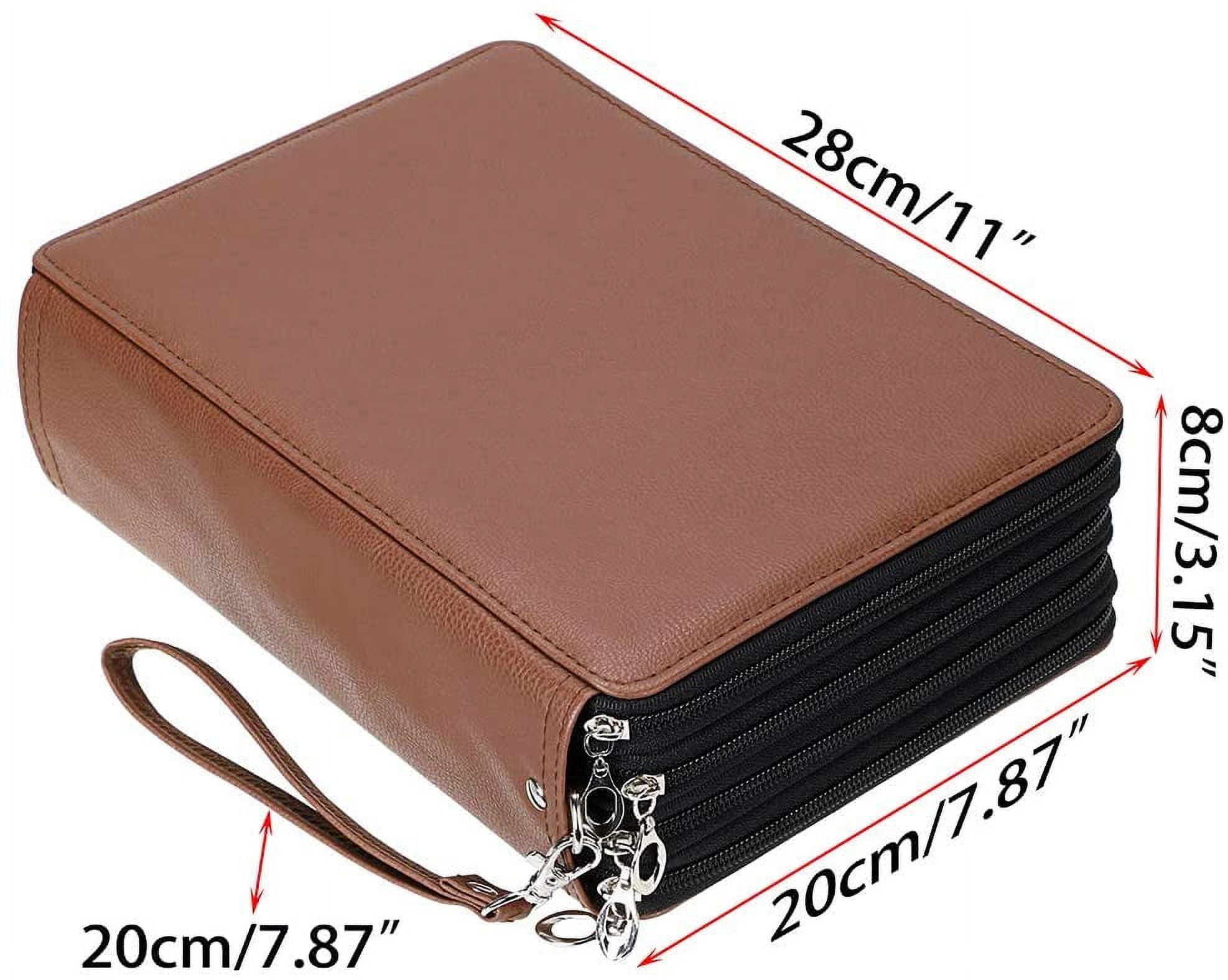 200 Slots Colored Pencil Organizer - Deluxe PU Leather Pencil Case Holder with Removal Handle Strap Pencil Box Large for Colored Pencils Watercolor Pencils Brown