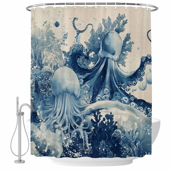 Blue Jellyfish Coastal Shower Curtain Set - Long 72" x 84" Washable Bathtub Curtain with 12 Hooks, Nautical Octopus Summer Ocean Rustic Waterproof Fabric Stall Shower Curtains for Bathroom Décor