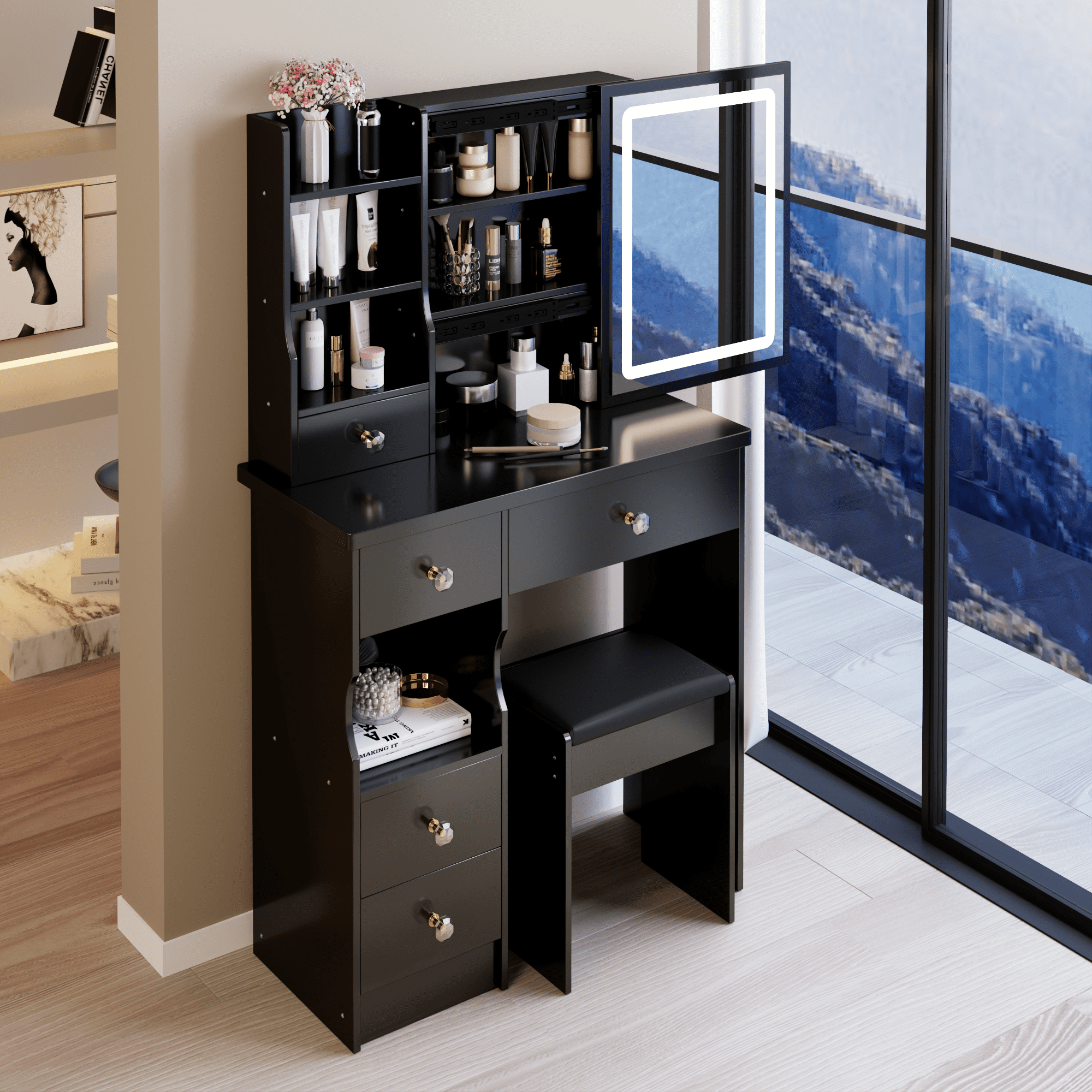 29.2" Small Size Left Drawer Desktop Vanity Table + Cushioned Stool, Large Sliding, Touch Control, Tri-color Switching, Brightness Adjust LED Mirror, High Capacity Storage, Suitable for Small Space