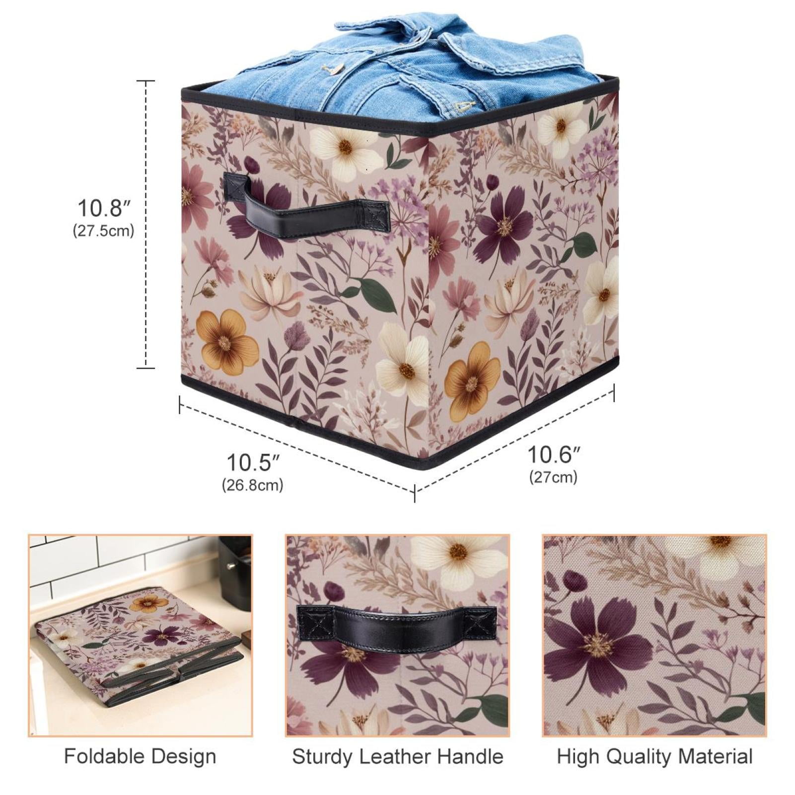 RATGDN Collapsible Fabric Cube Storage Bin with Double Handles for Living Room Bedroom Office Black - Pink Flower Specimen