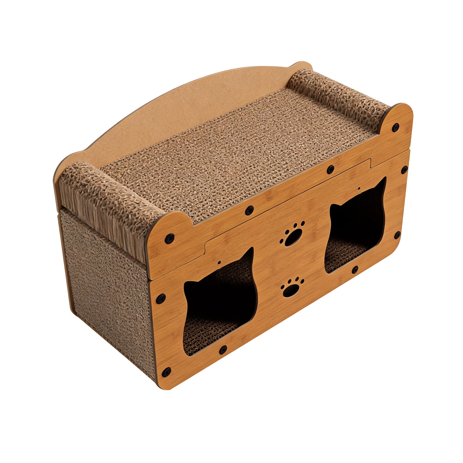 Cat Scratcher House, 2 in 1 Cat Bed and Cave with Hanging Ball Toys, Wooden Scratching Board for Kittens and Adult Cats