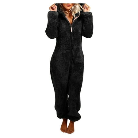 

Huiniadese Warm Casual Hooded Long Jumpsuit Sleepwear Rompe Pajamas Sleeve Women Winter Women s Coat Thin Fleece Jacket Black M