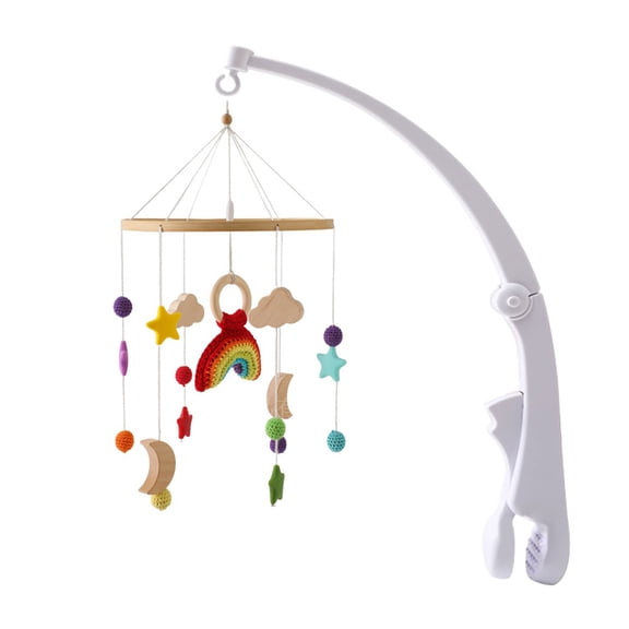 Baby Crib Bell Mobile – Wooden Rotating Wind Chime with Crochet Rainbow & Rocket Toys, Soothing Sleep Aid for Newborns and Infants, Nursery Hanging Decor