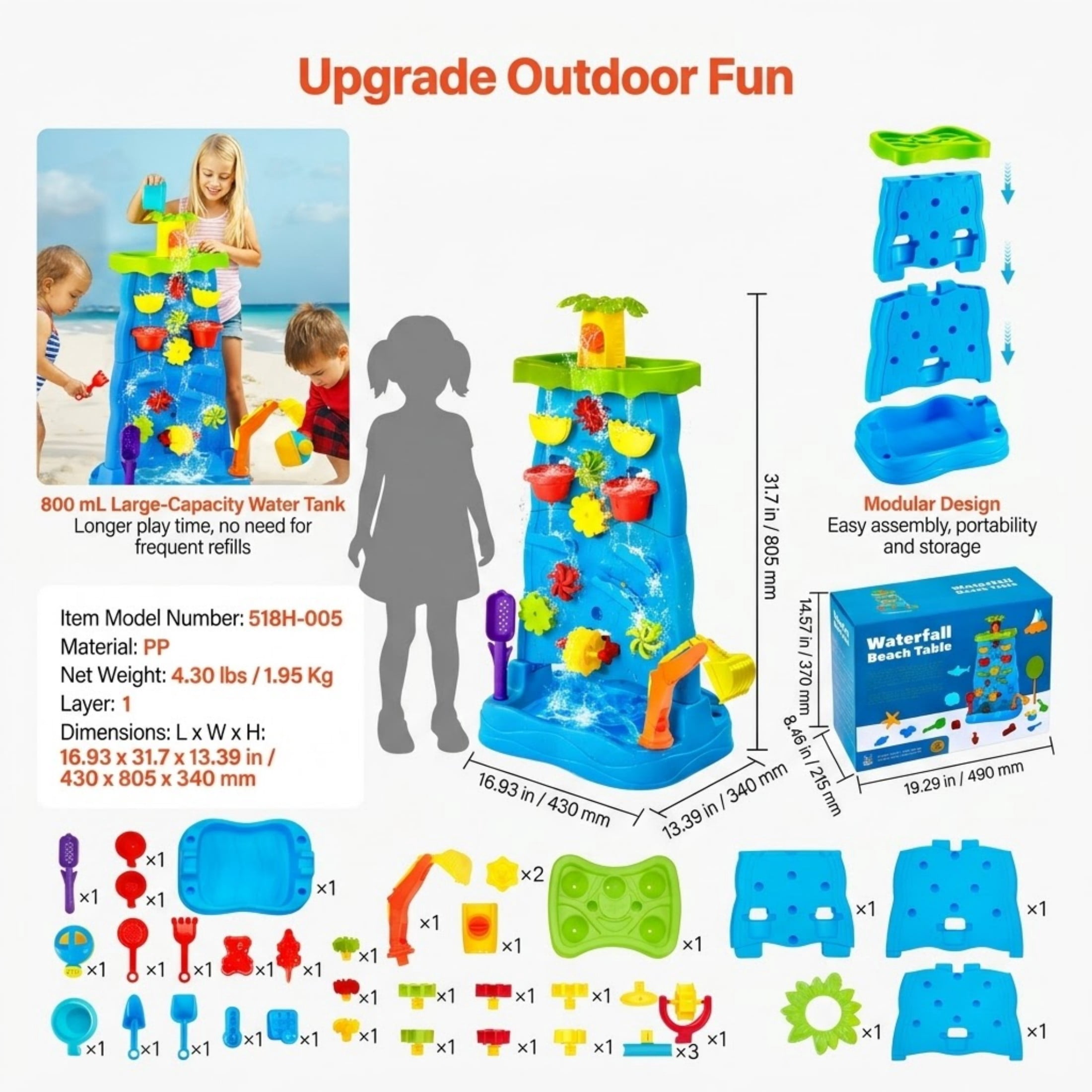 Sand and Water Table for Toddlers, 37-Piece Double-Sided Kids Activity Sensory Table with Waterfall, Outdoor Summer Toy for Ages 3+