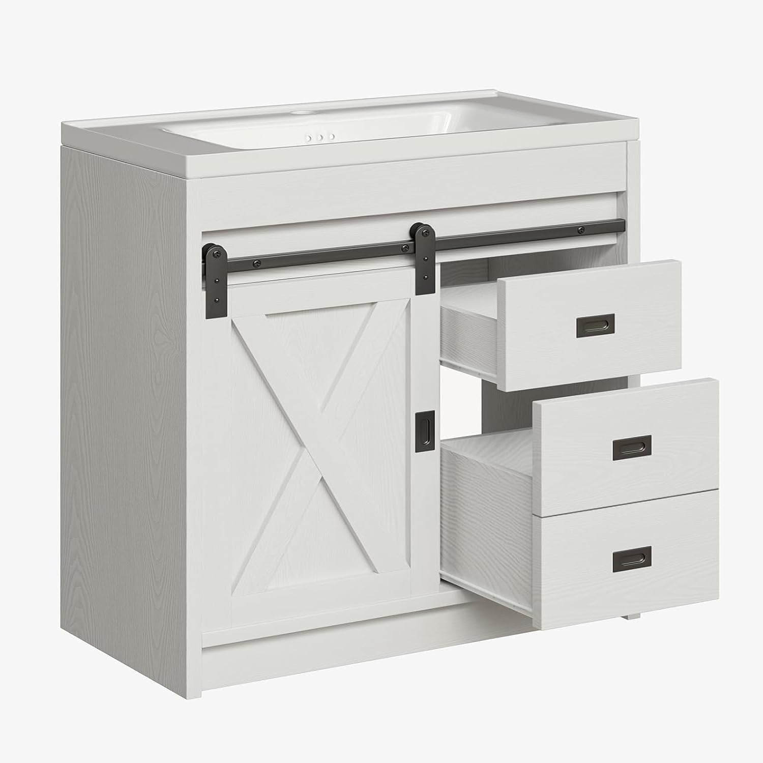 DreamCurship 32" Bathroom Vanity with Sink Combo, White Bathroom Storage Cabinet with Drawers, Farmhouse Bathroom Vanity Cabinet with Sliding Barn Doors, White