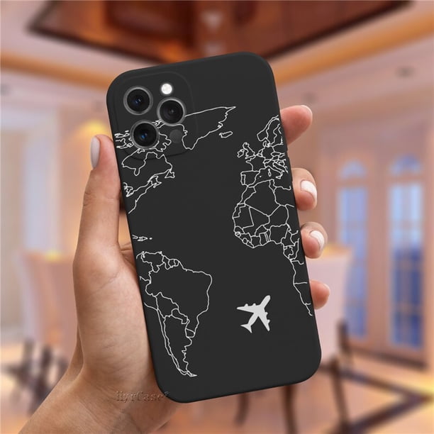 Funda de silicona de viaje con mapa del mundo de aviones populares de lujo para iPhone 11 12 13 14 Pro Max 13Mini 13ProMax Cute Candy Matte Soft Cover Deng Xun unisex