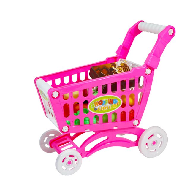 decoraciones de moda para niños mini carrito de juguete carrito de compras para niños juego de frutas verduras carretilla de mano rosado carrito de juguete frente, carrito pequeño de plástico rosado con asa y ruedas blancas, cesta de rejilla abierta con accesorios de frutas y verduras de colores visibles, base curva y estructura ensamblada, tamaño aproximado 31 x 16 x 28 cm, recomendado desde 3 años; también suele usarse para juegos de simulación de supermercado.