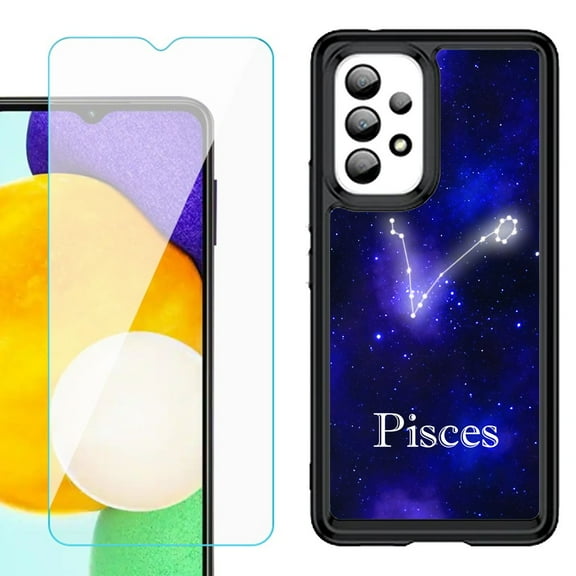 Shockproof Bumper (Black Frame) phone Case for Samsung Galaxy A23 5G, with Tempered Glass Screen Protector, by OneToughShield ® - Pisces