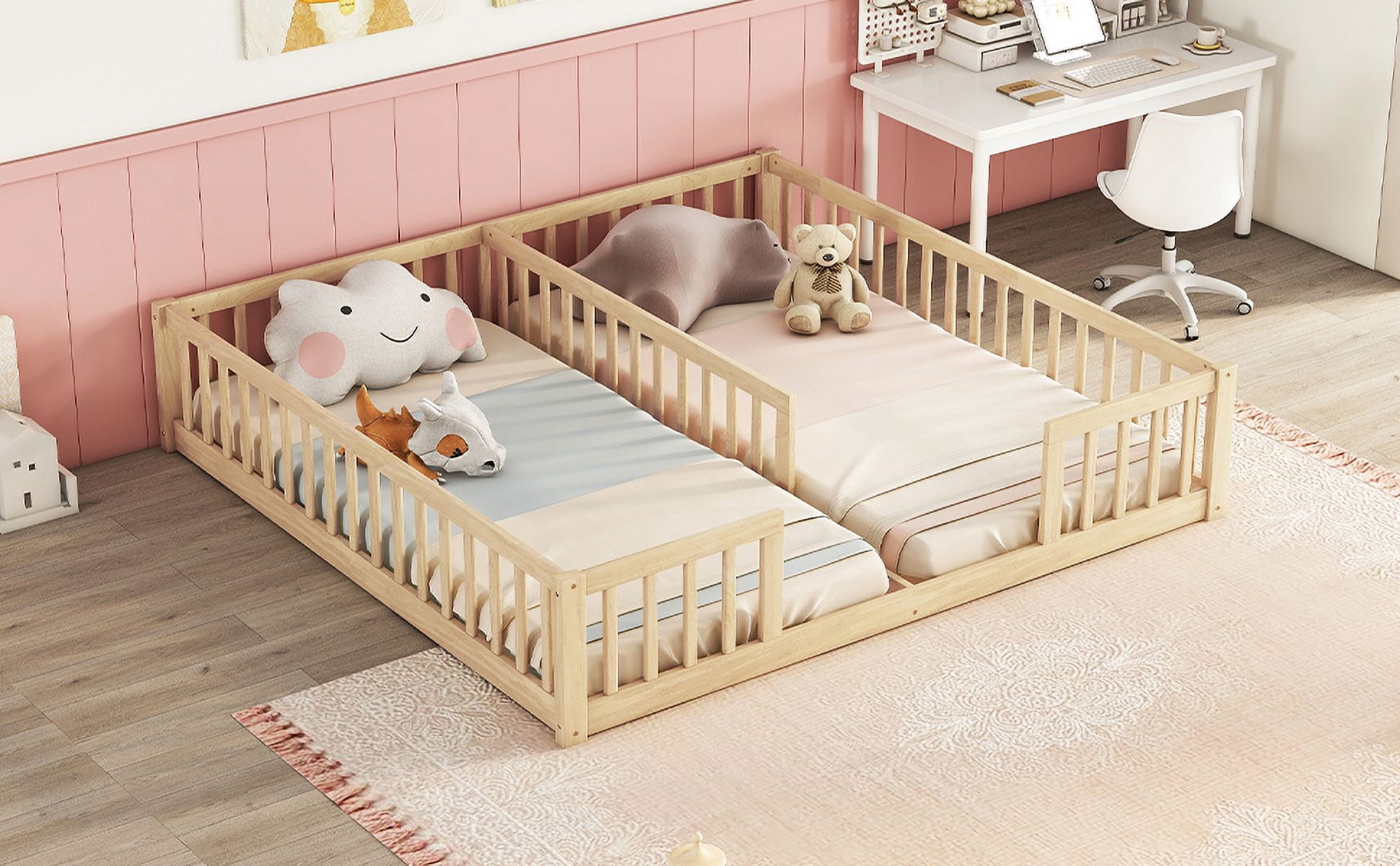 Double Twin Floor Bed with Fence, Guardrails, Without Door, Natural