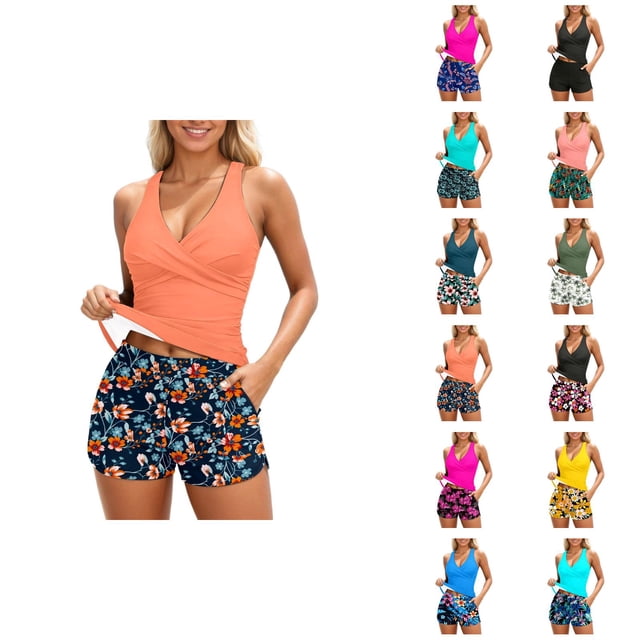 Womens Tankini Bathing Suits 2026 Trendy Modest Deep V Neck Crossover Top with Swim Shorts Swimming Suits for Women 2 Pieces