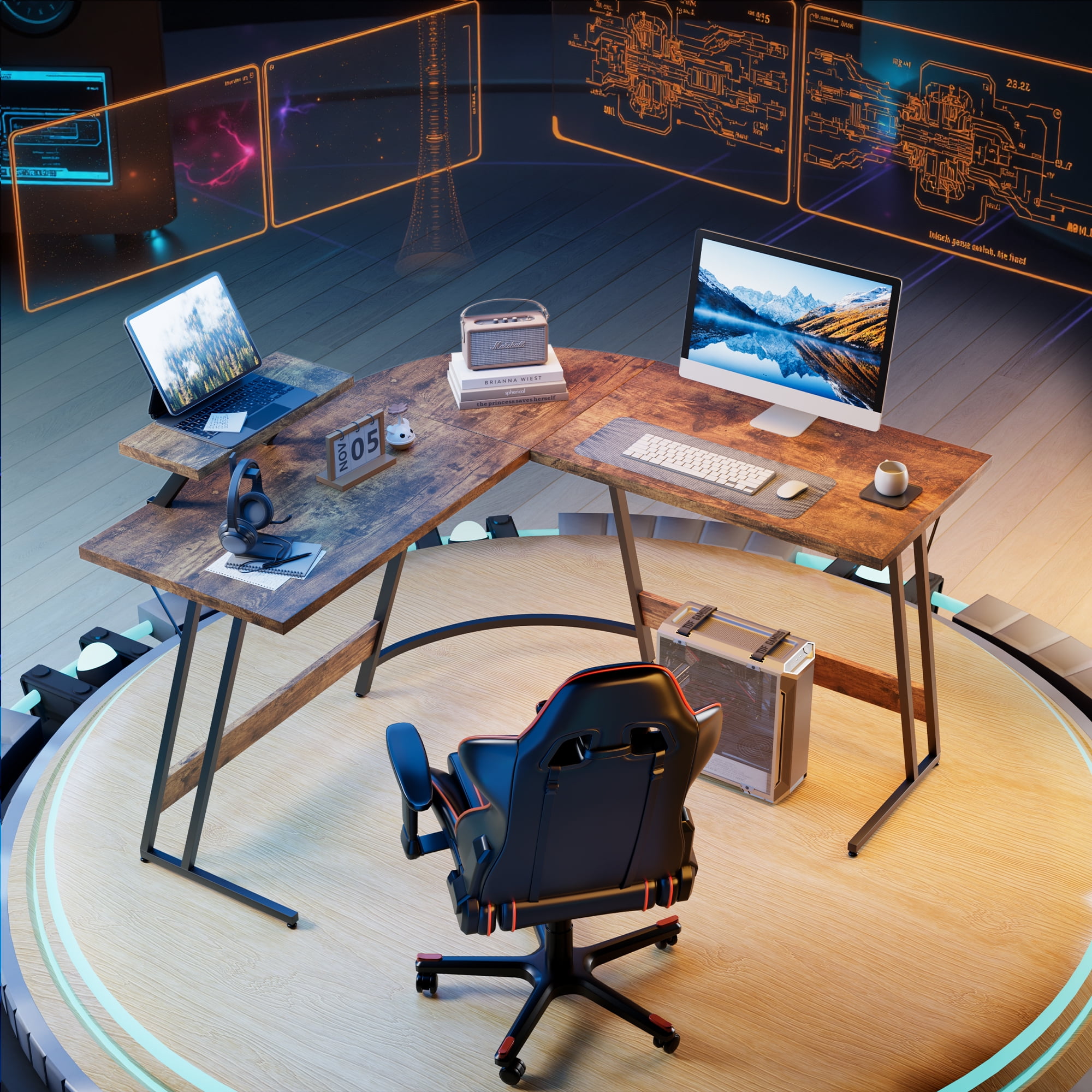 Homall L-Shaped Gaming Desk 51.2 Inches Corner Office Gaming Desk with Removable Monitor Riser, Classical Brown
