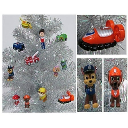 paw patrol 12 piece christmas ornament set featuring skye, marshall, chase, rubbie, zuma, rocky, ryder and vehicles, ornaments average 1
