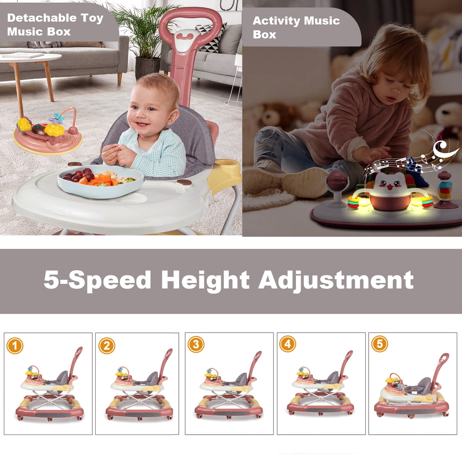 ManyFun 6-in-1 Height Adjustable Baby Walker with Wheels, Foldable Walker for Baby and Baby Activity Center with Music &Toys Tray, Infant Toddler Baby Walker for Boys and Girls 6-24 Months（grey）