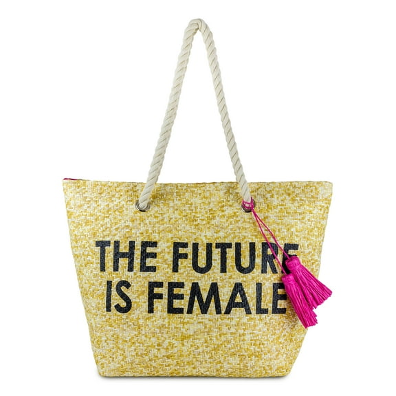 Women's The Future Is Female Straw Beach Tote Bag with Tassel and Double Rope Handle