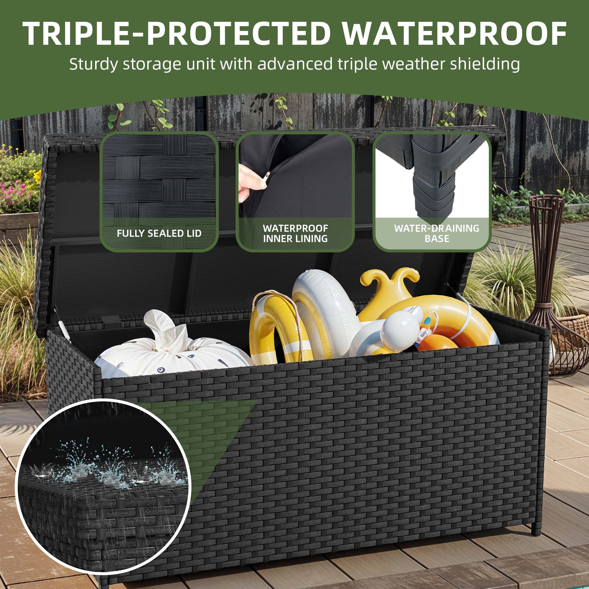 Uforic 260-Gallon Wicker Outdoor Deck Boxes with Waterproof Liner Bag, Rattan Storage Bin, Large Storage Deck Box - Black