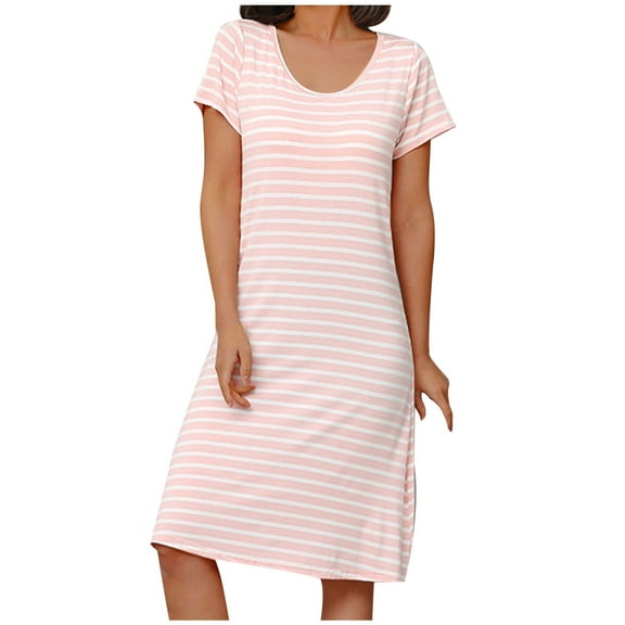 Jgppe Womens Short Sleeve Nightgowns Summer Spring Casual Cotton Stripe Loose T-Shirt Dress Casual wear Sleepwear