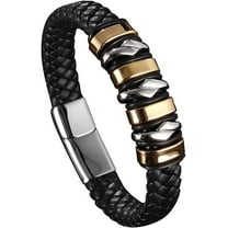 Men's Leather Bracelet Braided Cuffs Wristband with Silver and Gold Ornament Stainless Steel Magnetic Clasp Jewelry as Gifts