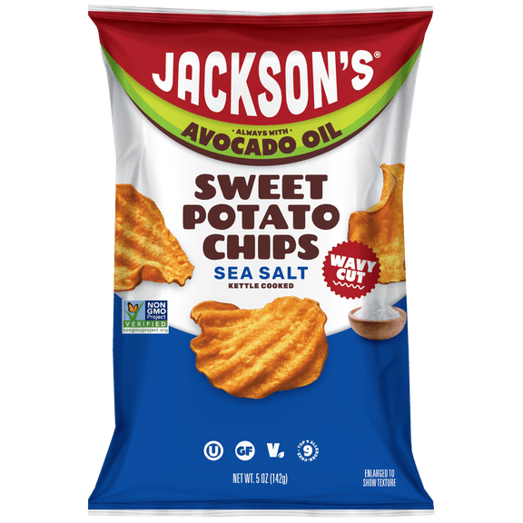 Jackson's Sweet Potato Kettle Wavy Chips with Sea Salt, Avocado Oil, Free of Top 9 Allergens, 5 oz