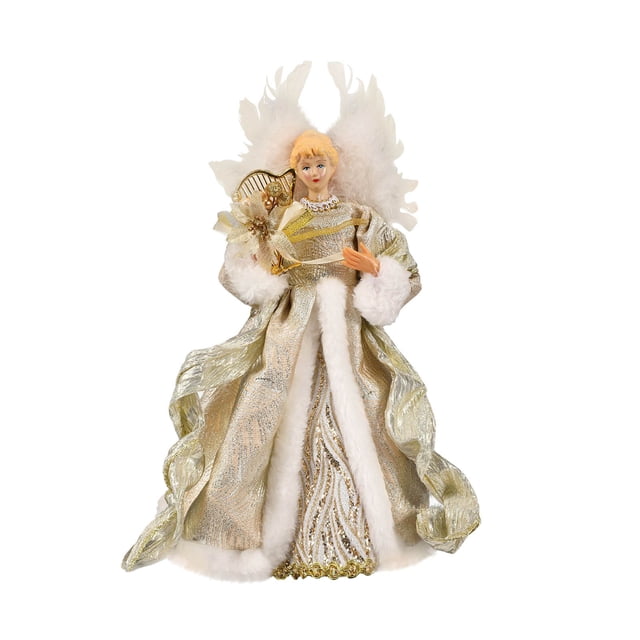 Eoozwa Angel Tree Topper Doll 13 Inch Height with Fabric Robe and Plastic Stand for Christmas Tree Decoration Festive Holiday Display