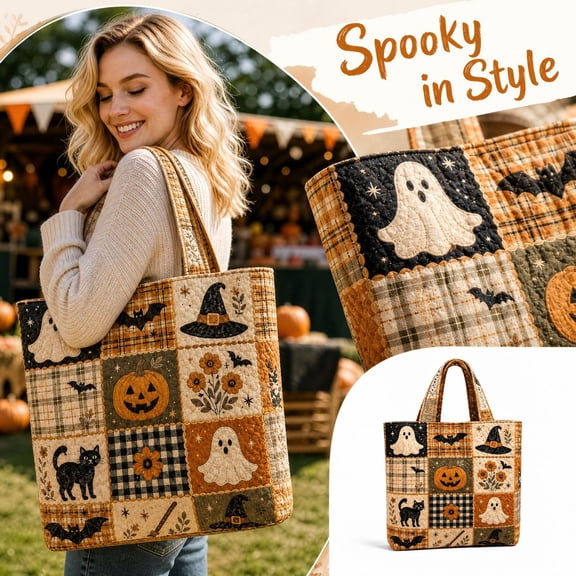 Halloween Tote Bag, Quilted Tote Bag, Trick Or Treat Shoulder Handbag, Large Capacity For Women, Teen Girls And Holiday Events