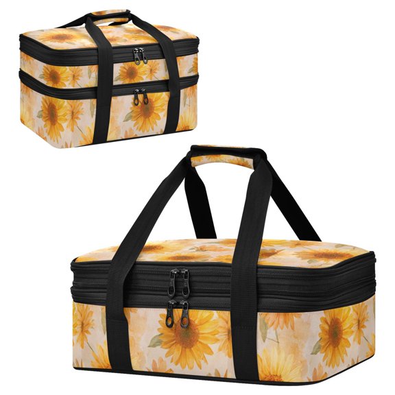 Large Double Decker Insulated Casserole Carrier Expandable 2-Layer Thermal Food Tote Bag Pastel-toned Sunflowers Pattern Hot Cold Pizza Lasagna Holder for Potluck Picnic Party Camping