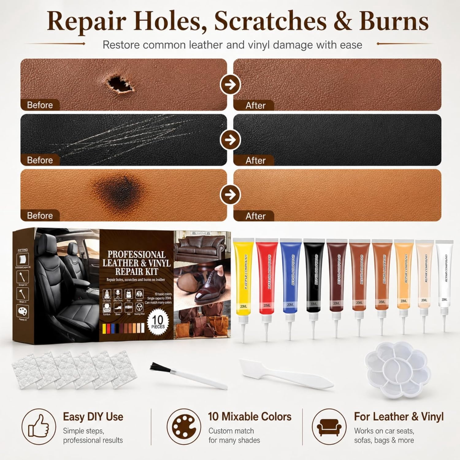 Leather and Vinyl Repair Gel Kit, 10 Color Options for Surface Restoration
