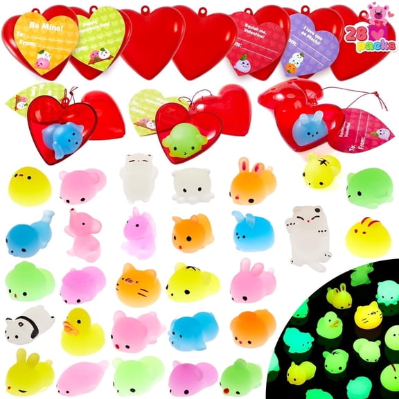 Joyfy 28 Packs Valentines Cards with Mochi, Kawaii Stress Relief Mochi Squishy Toys Filled Hearts for Kids Classroom Exchange Cards Valentine Gifts