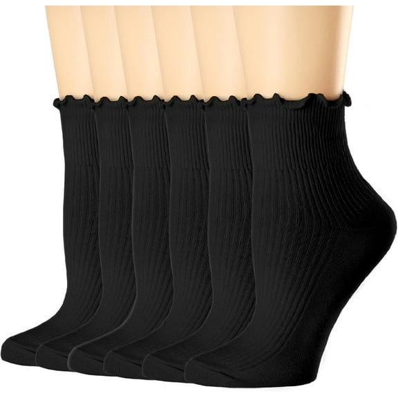 Womens Socks, Size 9-11, Ruffle Turn-Cuff Casual Ankle Breathable Cool Knit Cotton Lettuce Crew Frilly Sock 6 Pack