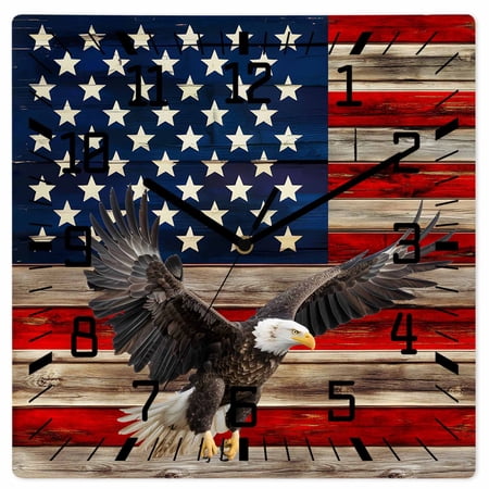 American Flag Wooden Wall Clock Silent Non Ticking, Eagle Blue Red USA Flag Retro Square Wall Clocks Battery Operated, Decor Clock for Home Office, Living Room, Kitchen, 10 Inch