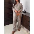 thumbnail image 3 of Conjuntos de camisa de manga larga para mujer, trajes casuales con solapa de bolsillo, pantalones de pierna ancha, trajes sueltos de calle alta, 2 piezas, 3 of 5