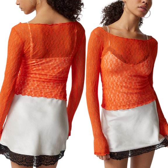 Women Y2k Lace See Through Long Sleeve Tees Sexy Slim Fitted Crop Top Solid Color Stretchy Fashion Shirts Outfit