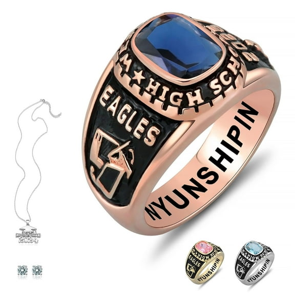 Ccjcinata Fully Personalized Customized class rings Sterling Silver Women's High School and College Class Ring – Classic Collection (Sterling Silver - Rose Gold Plated)