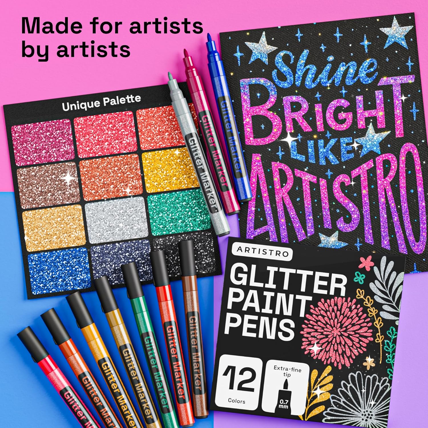 12 Glitter Paint Pens for Glass Marking, Rock Painting, Ceramic, Wood, Fabric, Scrapbooking, DIY Craft Making, Coloring - Acrylic Paint Markers Extra-Fine Tip 0.7mm