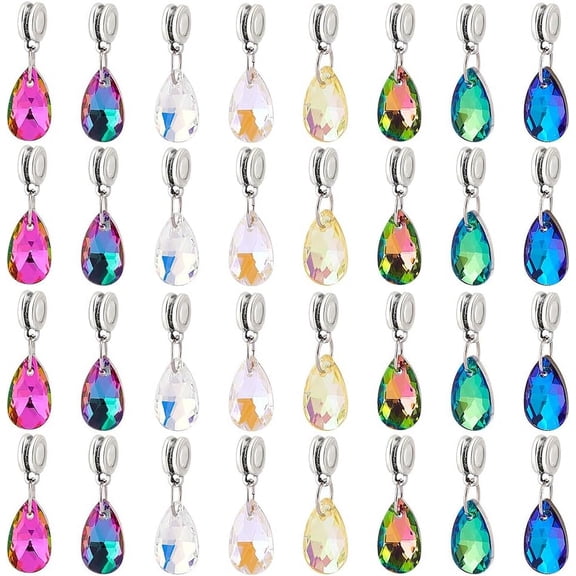 32pcs Teardrop Glass Charms 8 Colors Faceted Waterdrops Charms Crystal Teardrop Pendants Drop Dangle Charms with Large Hole Bail Hanger for Jewelry Necklace Bracelet Making