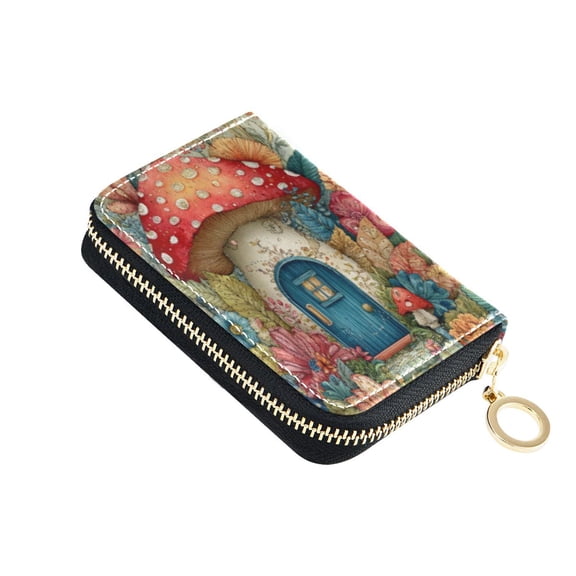 PU Leather Zipper Card Case Wallet Credit Card Holder with 9 Card Slots 4.7" x 3.1" Cute Mushroom House