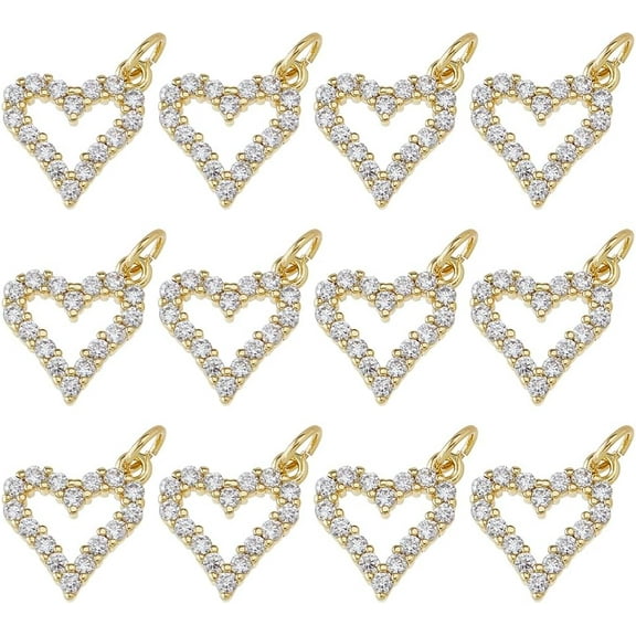 12pcs Cubic Zirconia Heart Charms Brass Love Charm with Jump Rings 18K Gold Plated Clear Heart Charms for Jewelry Necklace Bracelets Earrings Making DIY Crafts