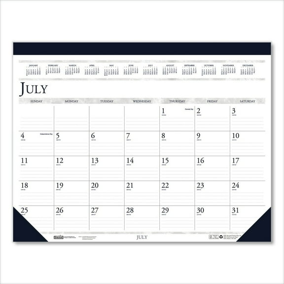 22 in. x 17 in. 14-Month (July 2025-Aug 2026) Recycled Academic Desk Pad Calendar - White/Blue Sheets/Blue Binding/Corners
