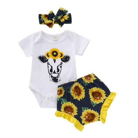 

Bullpiano 3Pcs Newborn Baby Girls Clothes Summer Cow Printed Short Sleeve Bodysuit Romper + Sunflower Shorts + Headband 0-18 Months